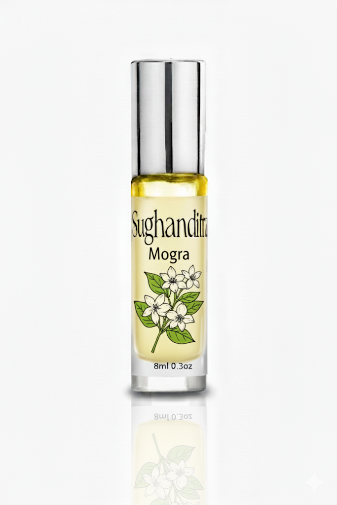 Sughanditra Mogra essential oil bottle on a white background