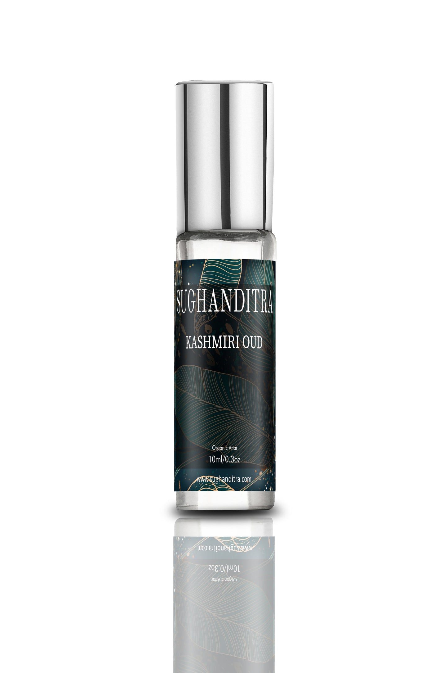 A bottle of 'Kashmiri Oud' perfume with a silver cap and a label featuring green and brown colors, reflecting the earthy notes of the fragrance.
