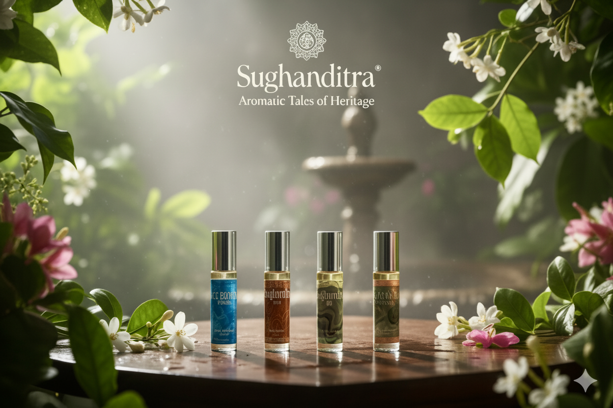 Four Sughanditra perfume bottles on a wooden table with flowers and a fountain in the background.