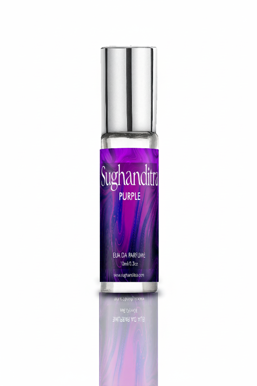 Perfume bottle with purple label on a white background