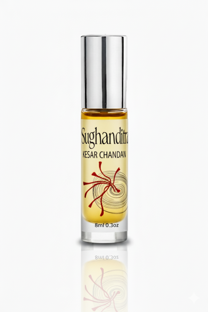 Sugandhita Kesar Chandan oil bottle on a white background