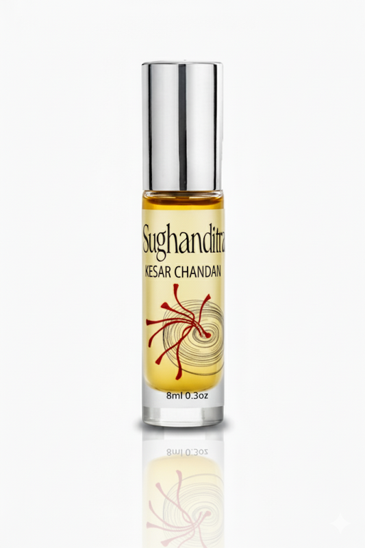 Sugandhita Kesar Chandan oil bottle on a white background