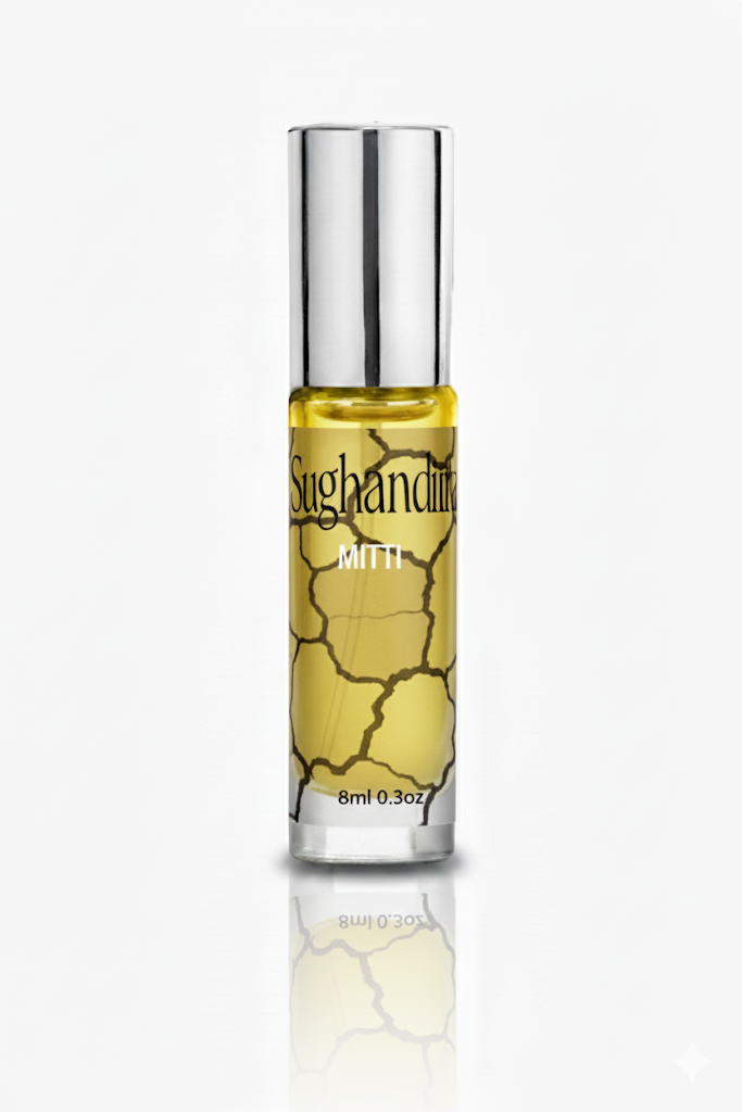 Perfume bottle with 'Sughanditra' branding on a white background