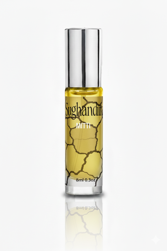 Perfume bottle with 'Sughanditra' branding on a white background