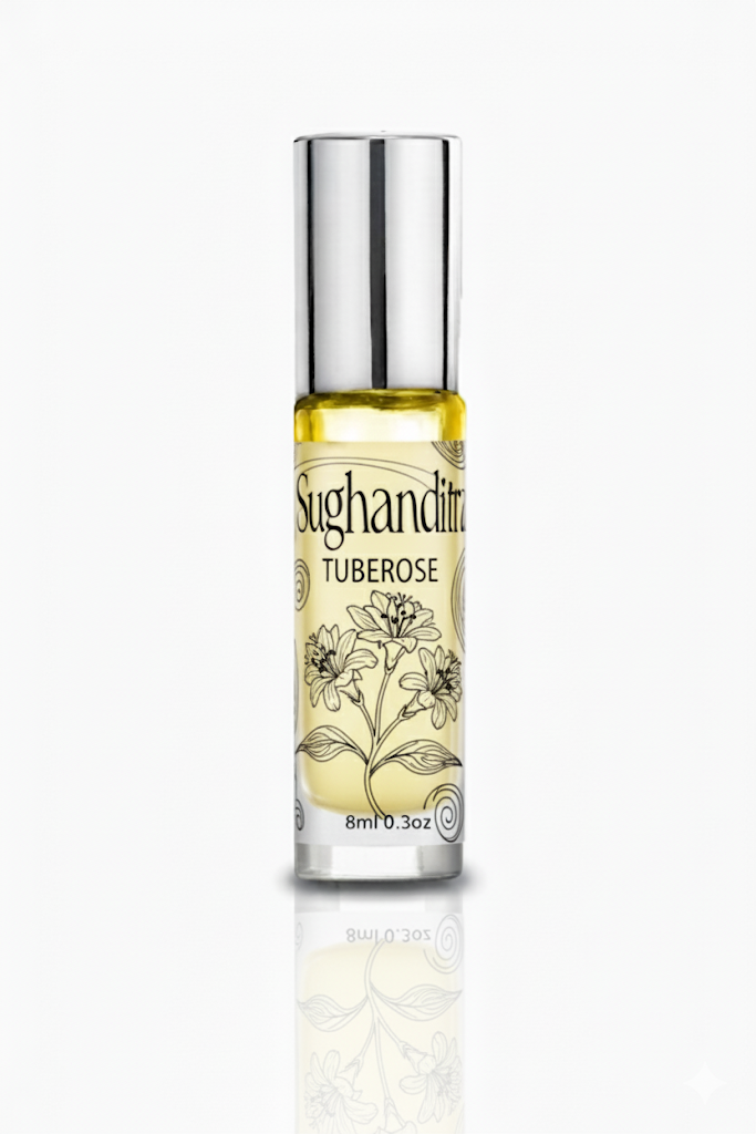 Sughanditra Tuberose essential oil bottle on a white background