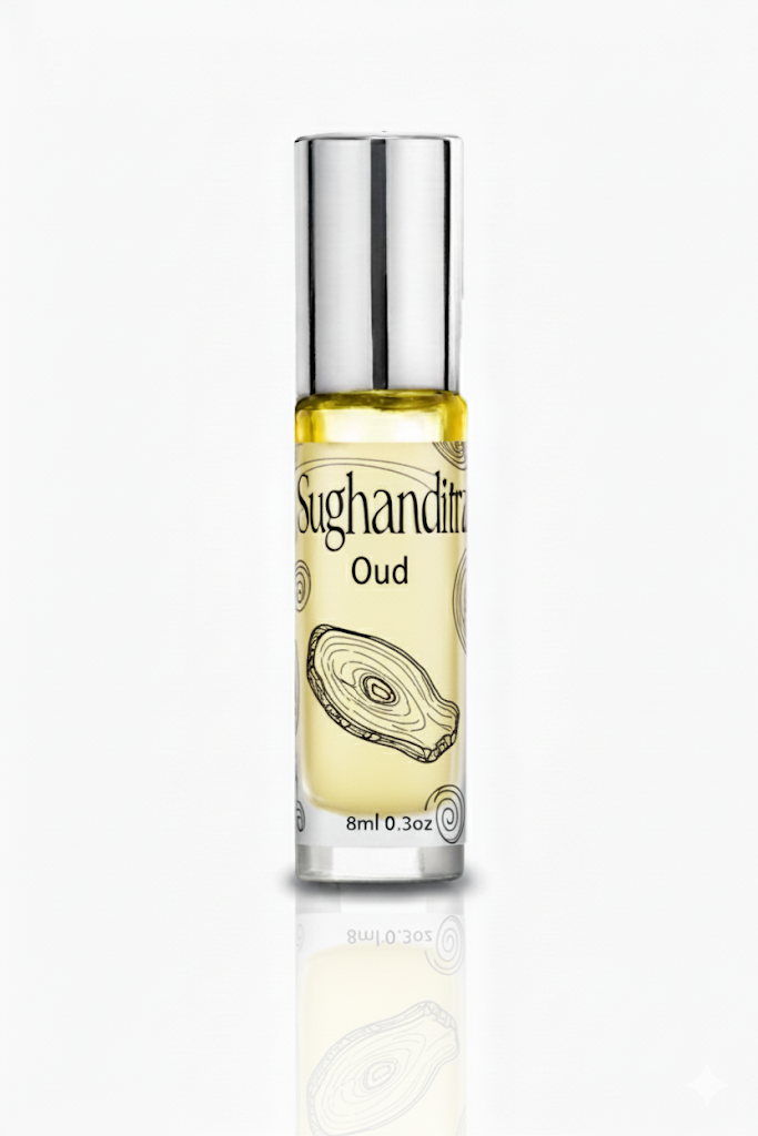 Small bottle of Sughandhitra Oud on a white background