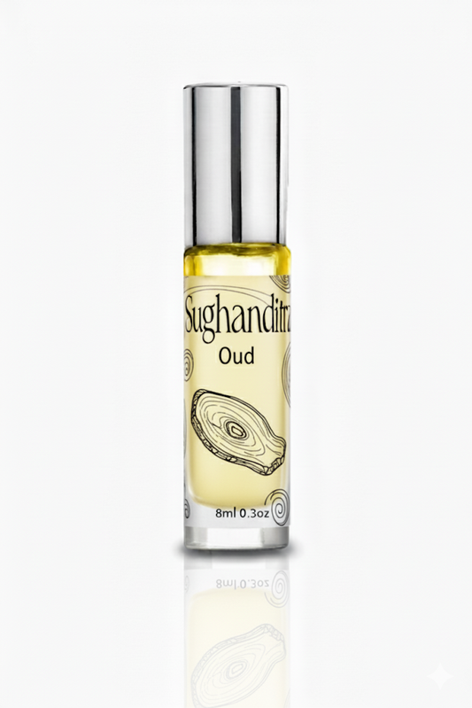 Small bottle of Sughandhitra Oud on a white background