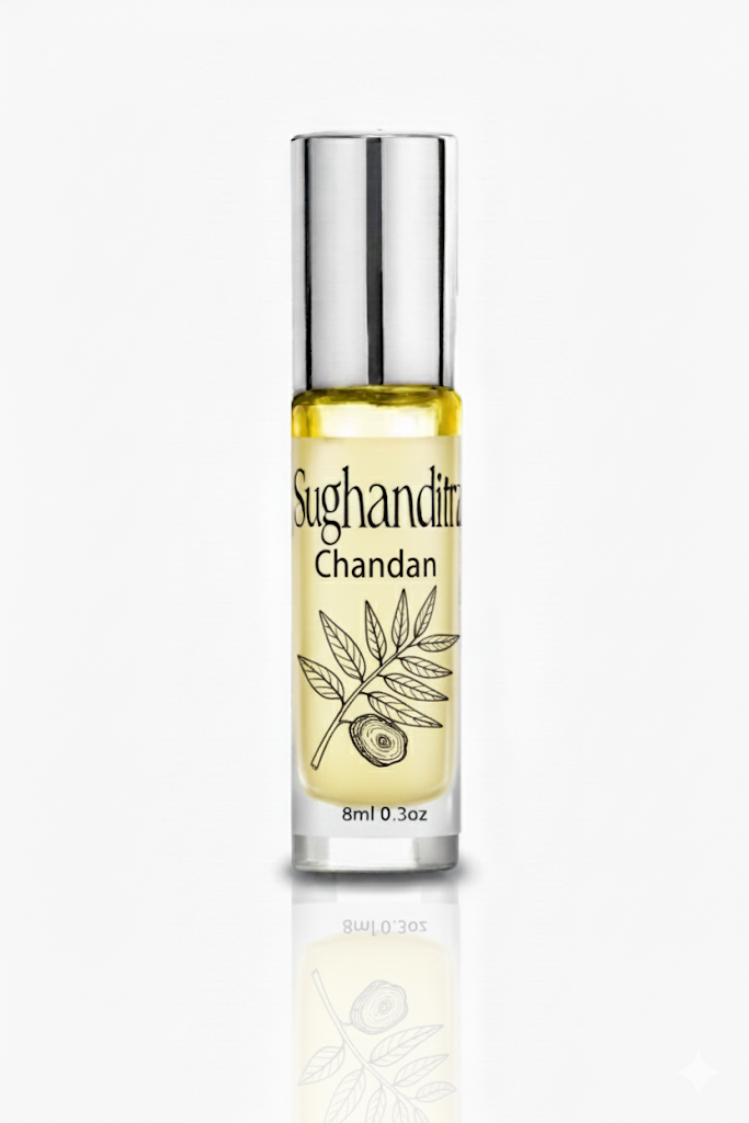 Sugandhita Chandan essential oil bottle on a white background