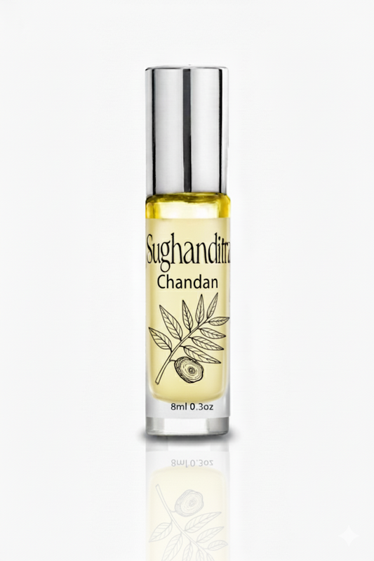 Sugandhita Chandan essential oil bottle on a white background