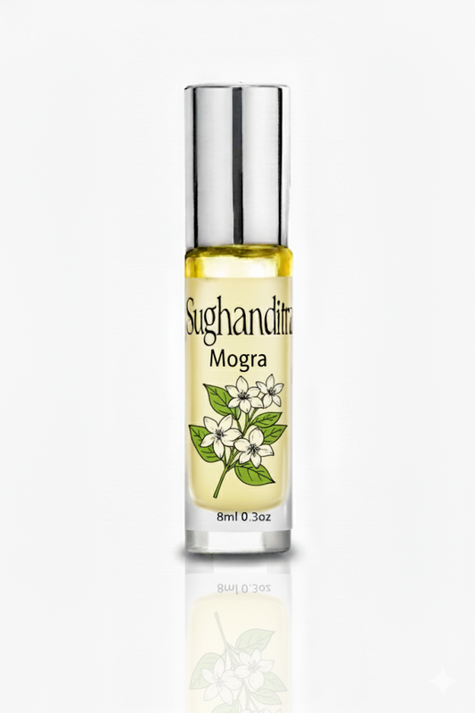 Sughanditra Mogra essential oil bottle on a white background