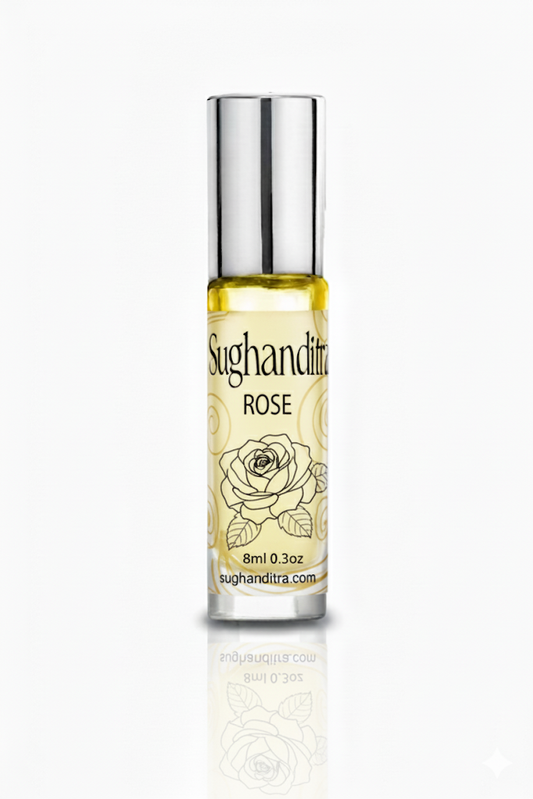 Sughanditra Rose essential oil bottle on a white background